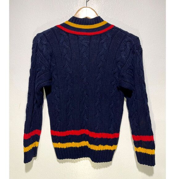 GAP VTG cable knit fisherman sweater V neck trim Rame cotton navy blue women L - Picture 2 of 4